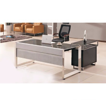 Modern glass top office table design with wooden side table